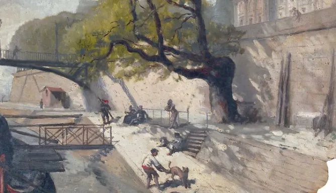 Panneaux Acryliques|Toiles Encadrées<Boutiques de musées Album des vues de Paris, la berge sous le pont des Beaux-Arts (panneaux acryliques)