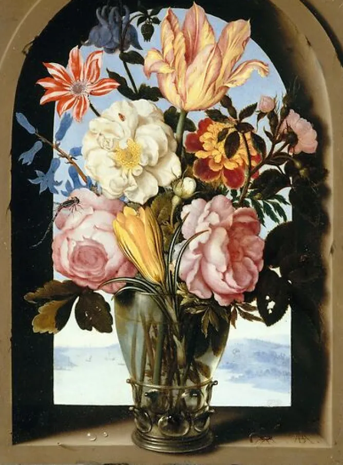 Toiles Encadrées|Toiles Sur Châssis<Boutiques de musées Bouquet de fleurs dans une armature de pierre s'ouvrant sur un paysage (toiles encadrées)