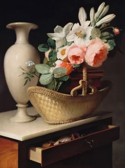 Boutiques de musées Bouquet de lis et de roses dans une corbeille posée sur une chiffonnière (affiches d'art) Online
