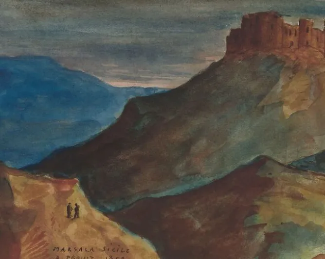 Boutiques de musées Château fort sur une éminence, et au 1er plan, deux personnages sur une colline (panneaux acryliques) Outlet