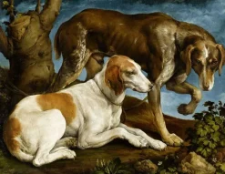 Boutiques de musées Deux chiens de chasse attachés à une souche (panneaux aluminium) Hot