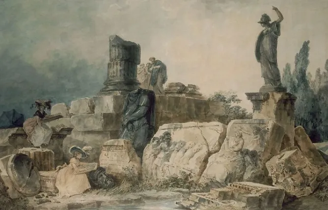 Boutiques de musées Deux jeunes femmes dessinant dans un site de ruines antiques (panneaux aluminium)