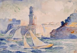 Boutiques de musées Entrée d'un port (Antibes) avec au premier plan deux voiliers et à l'arrière plan un phare (toiles encadrées)