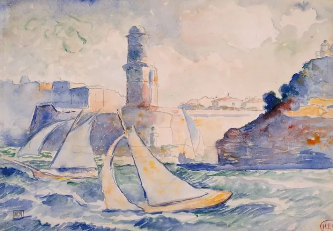 Boutiques de musées Entrée d'un port (Antibes) avec au premier plan deux voiliers et à l'arrière plan un phare (toiles encadrées)