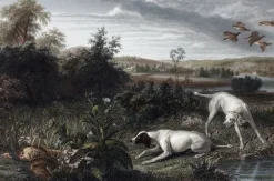 Boutiques de musées Estampe Folle et Mitte, chiennes de Louis XIV, à l'arrêt devant deux faisans - François Desportes Online
