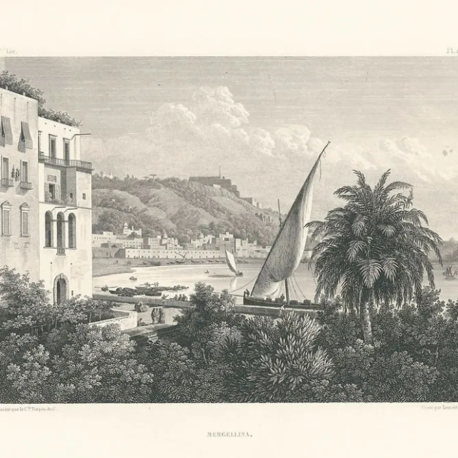 Architecture Et Villes<Boutiques de musées Estampe Le port de Mergellina, Naples, côté du Pausylippe