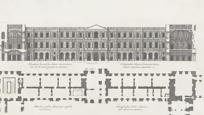 Paris Et Le Louvre<Boutiques de musées Estampe Plan et élévation du côté du Louvre qui regarde la rivière, vue de la cour à gauche en entrant - Jean Marot