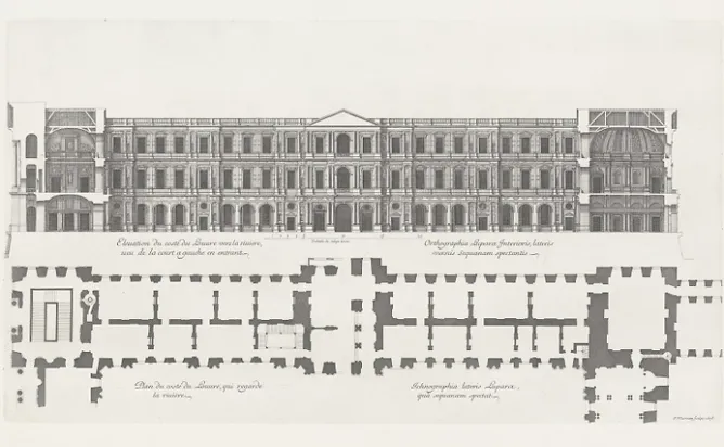Paris Et Le Louvre<Boutiques de musées Estampe Plan et élévation du côté du Louvre qui regarde la rivière, vue de la cour à gauche en entrant - Jean Marot