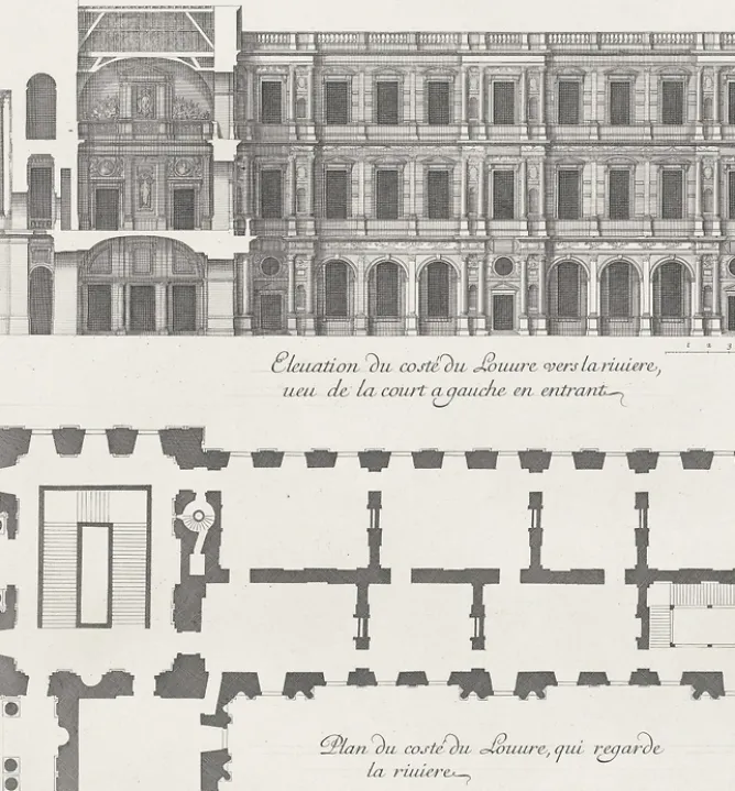 Paris Et Le Louvre<Boutiques de musées Estampe Plan et élévation du côté du Louvre qui regarde la rivière, vue de la cour à gauche en entrant - Jean Marot