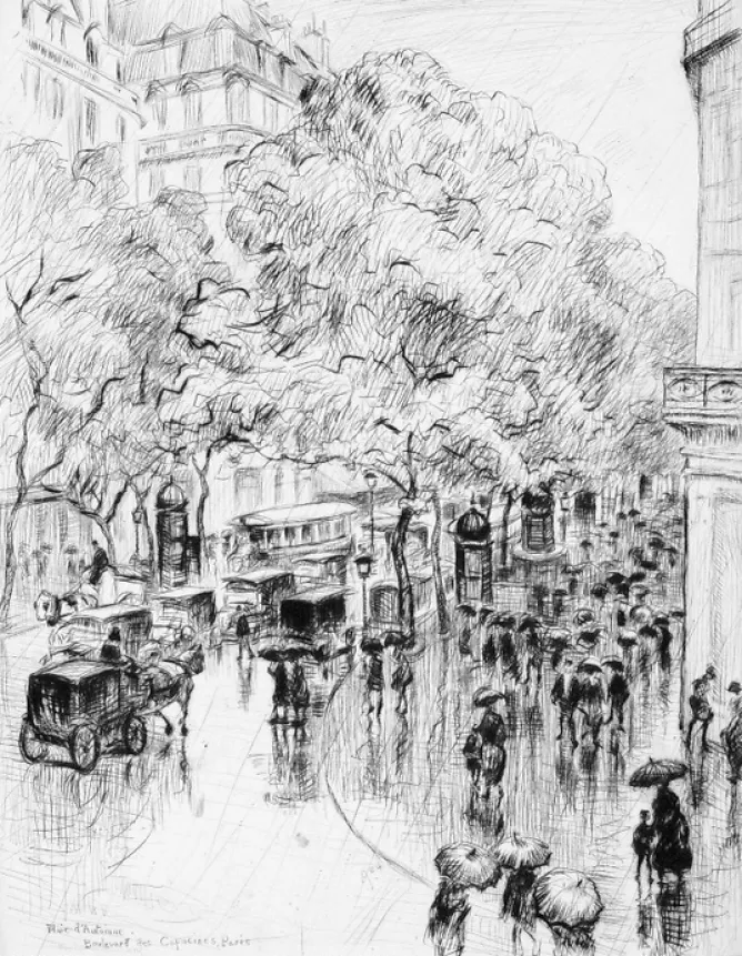 Boutiques de musées Estampe Pluie d'automne, boulevard des Capucines à Paris - Frank Armington New