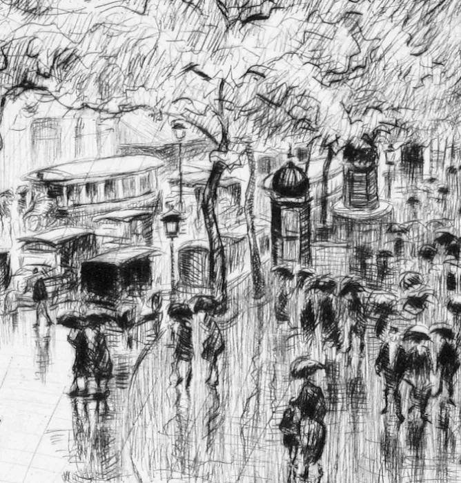Boutiques de musées Estampe Pluie d'automne, boulevard des Capucines à Paris - Frank Armington New