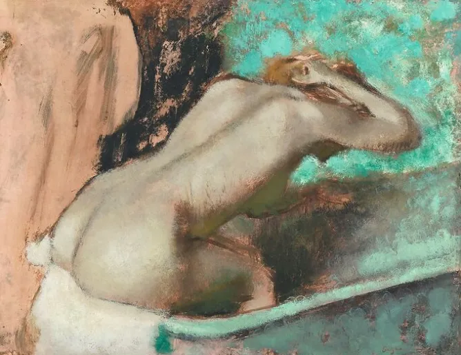 Boutiques de musées Femme assise sur le rebord d' une baignoire et s'épongeant le cou (affiches d'art encadrées)