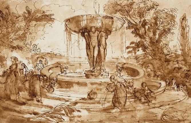 Panneaux Aluminium|Affiches D'Art<Boutiques de musées Femmes et enfants prês d'une fontaine, ornée d'une vasque (panneaux aluminium)