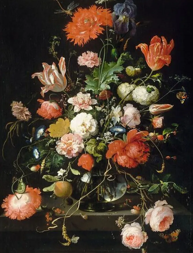 Panneaux Acryliques|Toiles Encadrées<Boutiques de musées Fleurs dans une carafe de cristal placé sur un piédestal en pierre avec une libellule (panneaux acryliques)