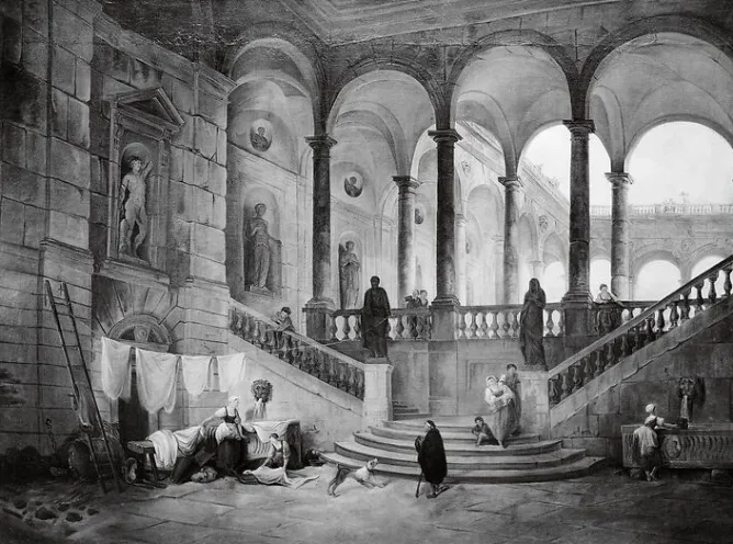 Boutiques de musées Grand escalier d'un palais avec lavandières (affiches d'art) Outlet