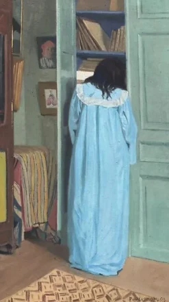 Boutiques de musées Intérieur, femme en bleu fouillant dans une armoire (panneaux aluminium)