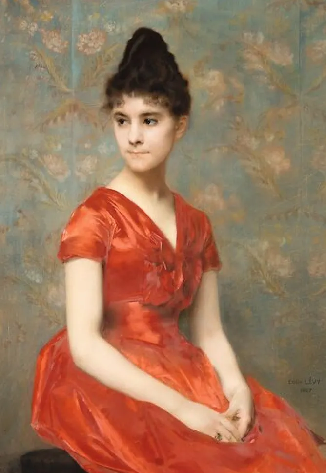 Boutiques de musées Jeune fille en robe rouge sur fond de fleurs (panneaux aluminium) New