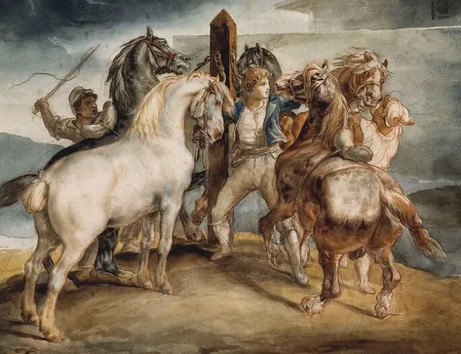 Boutiques de musées Le marché aux chevaux : cinq chevaux au piquet (panneaux aluminium)