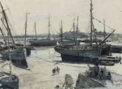 Boutiques de musées Navires de pêche échoués sur la grève, avec plusieurs marins sur une jetée (panneaux aluminium)