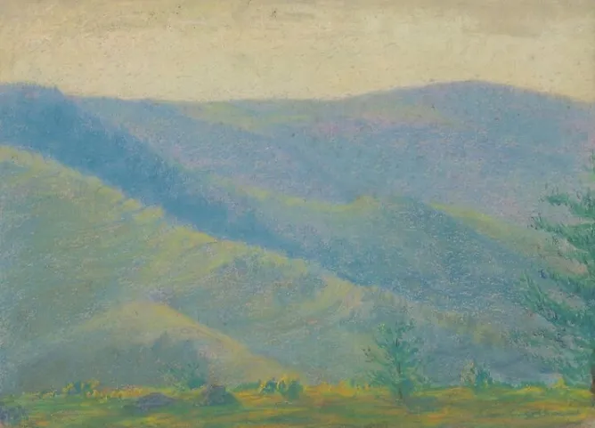 Boutiques de musées Paysage de montagne avec sapins au premier plan (panneaux acryliques) Sale