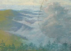 Boutiques de musées Paysage de montagne avec sapins au premier plan et brume (panneaux acryliques) Sale