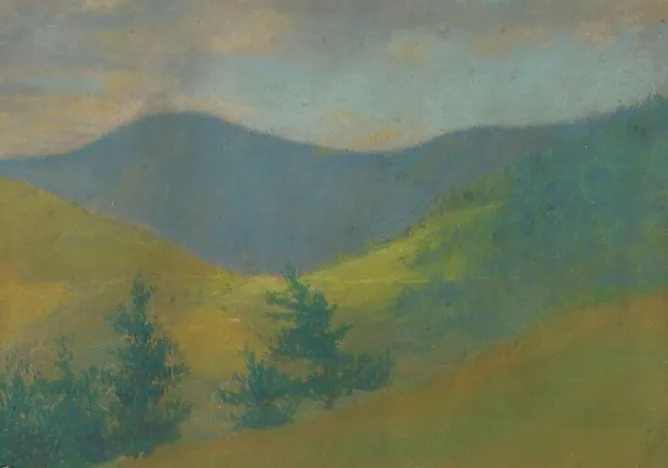 Boutiques de musées Paysage de montagne avec sapins au premier plan (panneaux acryliques) Sale