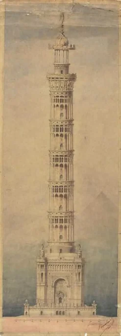 Boutiques de musées Projet de phare monumental pour Paris, élévation (panneaux aluminium) New