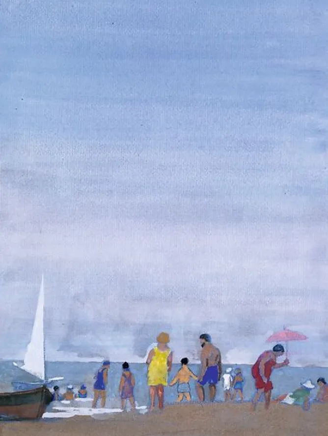 Boutiques de musées Scène de plage avec bateau de pêche échoué, le matin (panneaux aluminium) Online