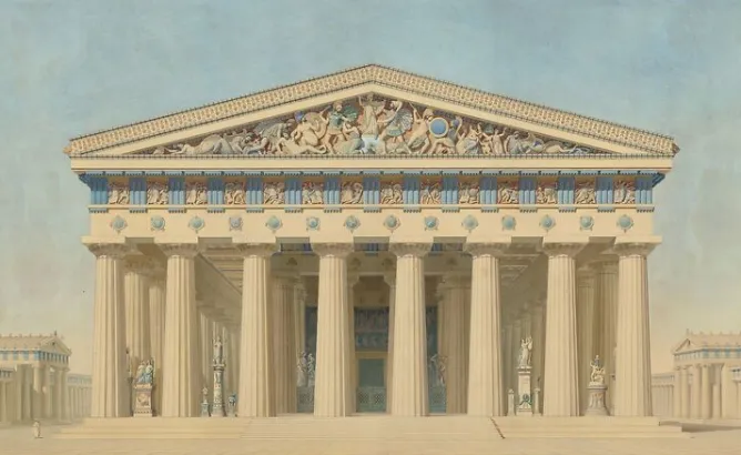 Boutiques de musées Temple T à Sélinonte (Sicile) : élévation, restitution de la façade principale (panneaux acryliques)