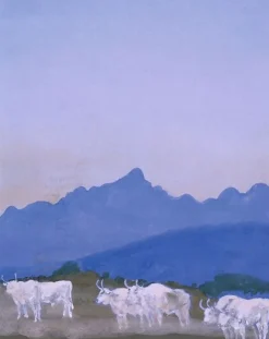 Affiches D'Art<Boutiques de musées Trois couples de boeufs blancs sur fond de montagnes (les Apennins), le matin (affiches d'art)