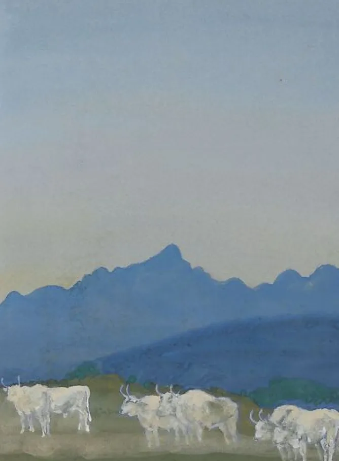Boutiques de musées Trois couples de taureaux blancs sur fond de montagnes (panneaux aluminium) Clearance