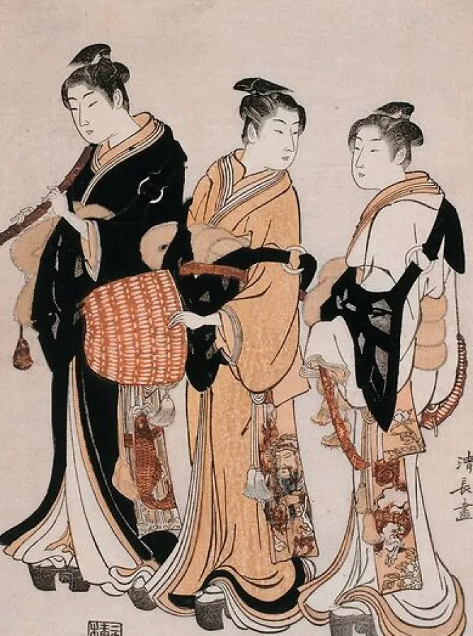 Boutiques de musées Trois jeunes femmes déguisées en Komuso (ménestrel ambulant) (panneaux aluminium) Sale