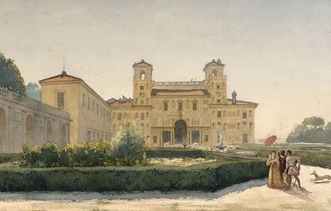 Toiles Encadrées|Toiles Sans Cadre<Boutiques de musées Villa Médicis : vue générale avec des personnages en costume Renaissance (toiles encadrées)